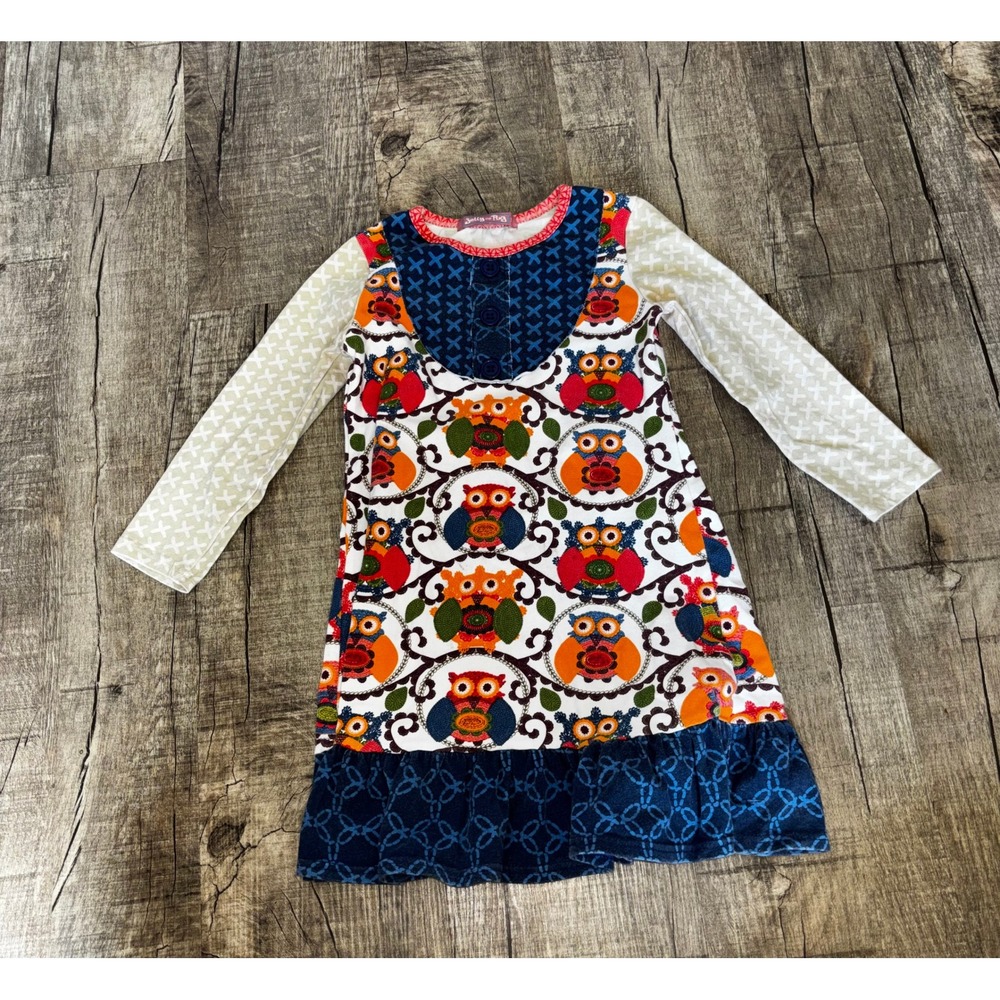 Jelly the Pug‎ Girls Owl Print Long Sleeve Ruffle Dress Blue Orange Size 5
